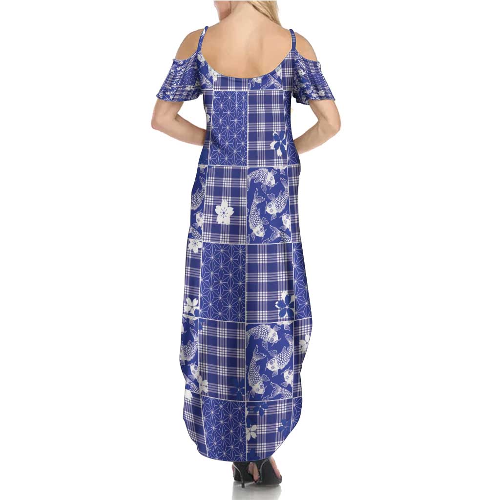 Blue Palaka Japanese Patterns Family Matching Summer Maxi Dress and Hawaiian Shirt Koi Fish Asanoha Sakura Patchwork Stylized - Polynesian Pride