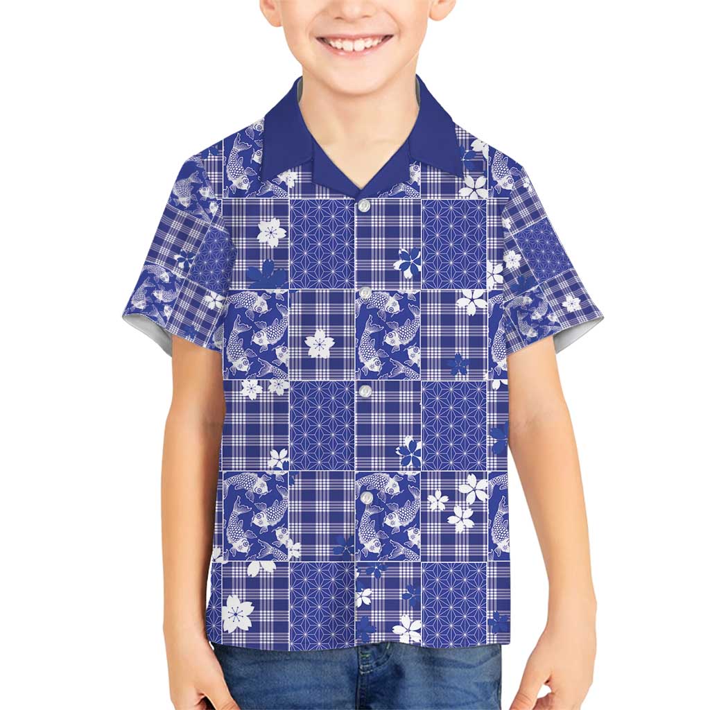Blue Palaka Japanese Patterns Family Matching Summer Maxi Dress and Hawaiian Shirt Koi Fish Asanoha Sakura Patchwork Stylized - Polynesian Pride