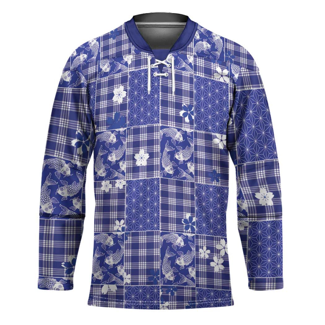 Blue Palaka Japanese Patterns Hockey Jersey Koi Fish Asanoha Sakura Patchwork Stylized - Polynesian Pride
