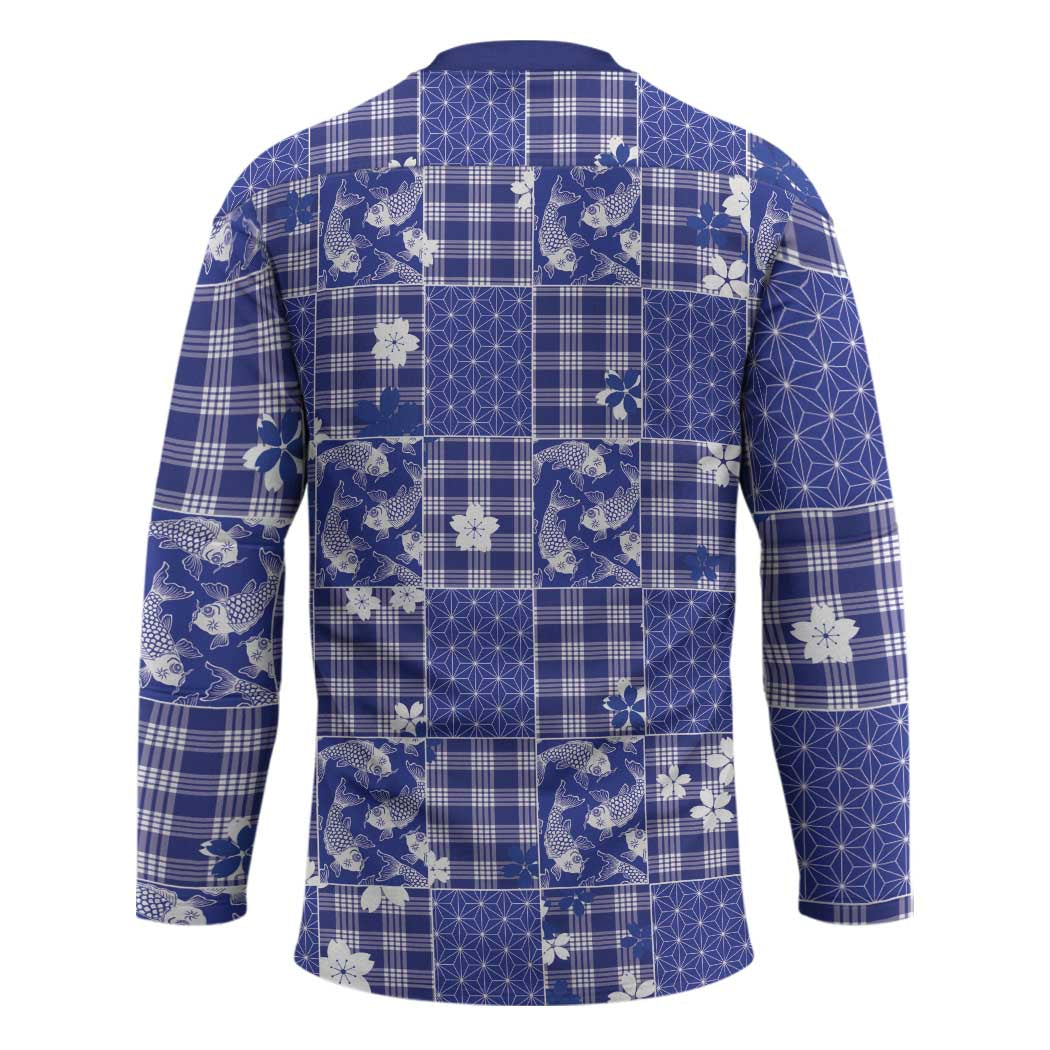 Blue Palaka Japanese Patterns Hockey Jersey Koi Fish Asanoha Sakura Patchwork Stylized - Polynesian Pride