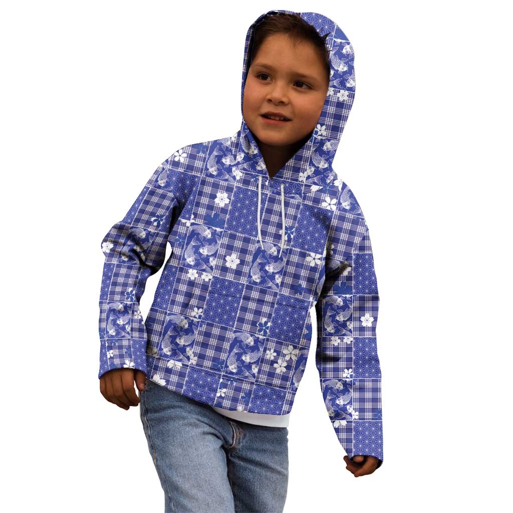 Blue Palaka Japanese Patterns Kid Hoodie Koi Fish Asanoha Sakura Patchwork Stylized - Polynesian Pride