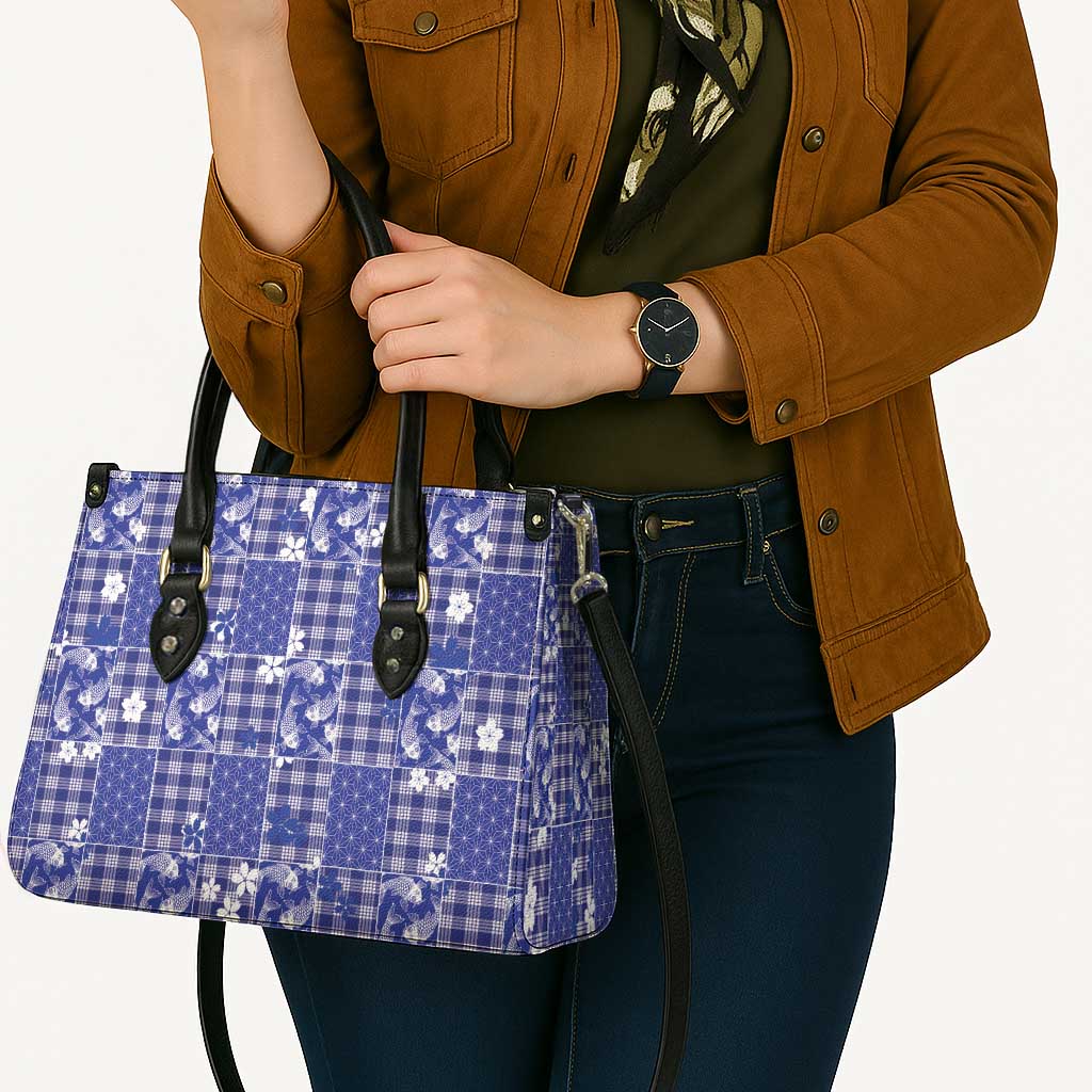 Blue Palaka Japanese Patterns Leather Bag Koi Fish Asanoha Sakura Patchwork Stylized - Polynesian Pride