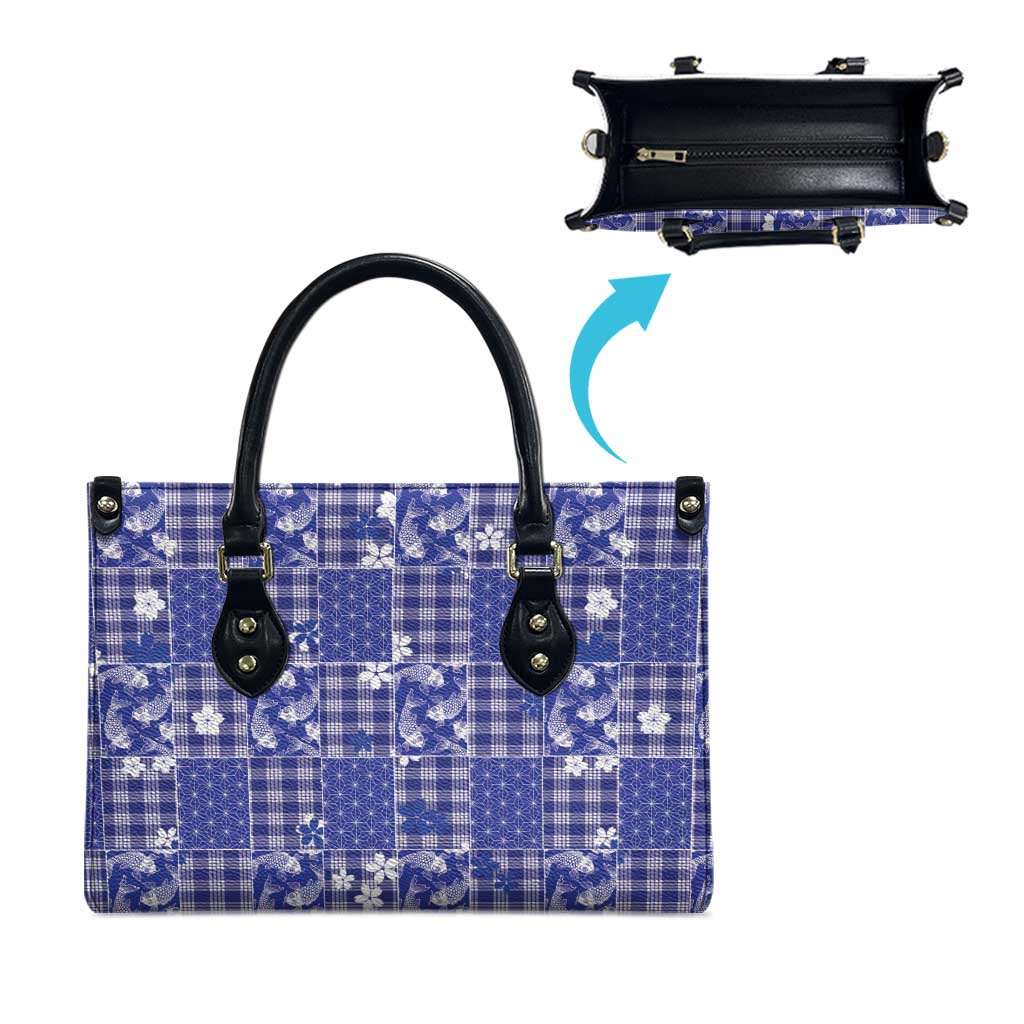 Blue Palaka Japanese Patterns Leather Bag Koi Fish Asanoha Sakura Patchwork Stylized - Polynesian Pride
