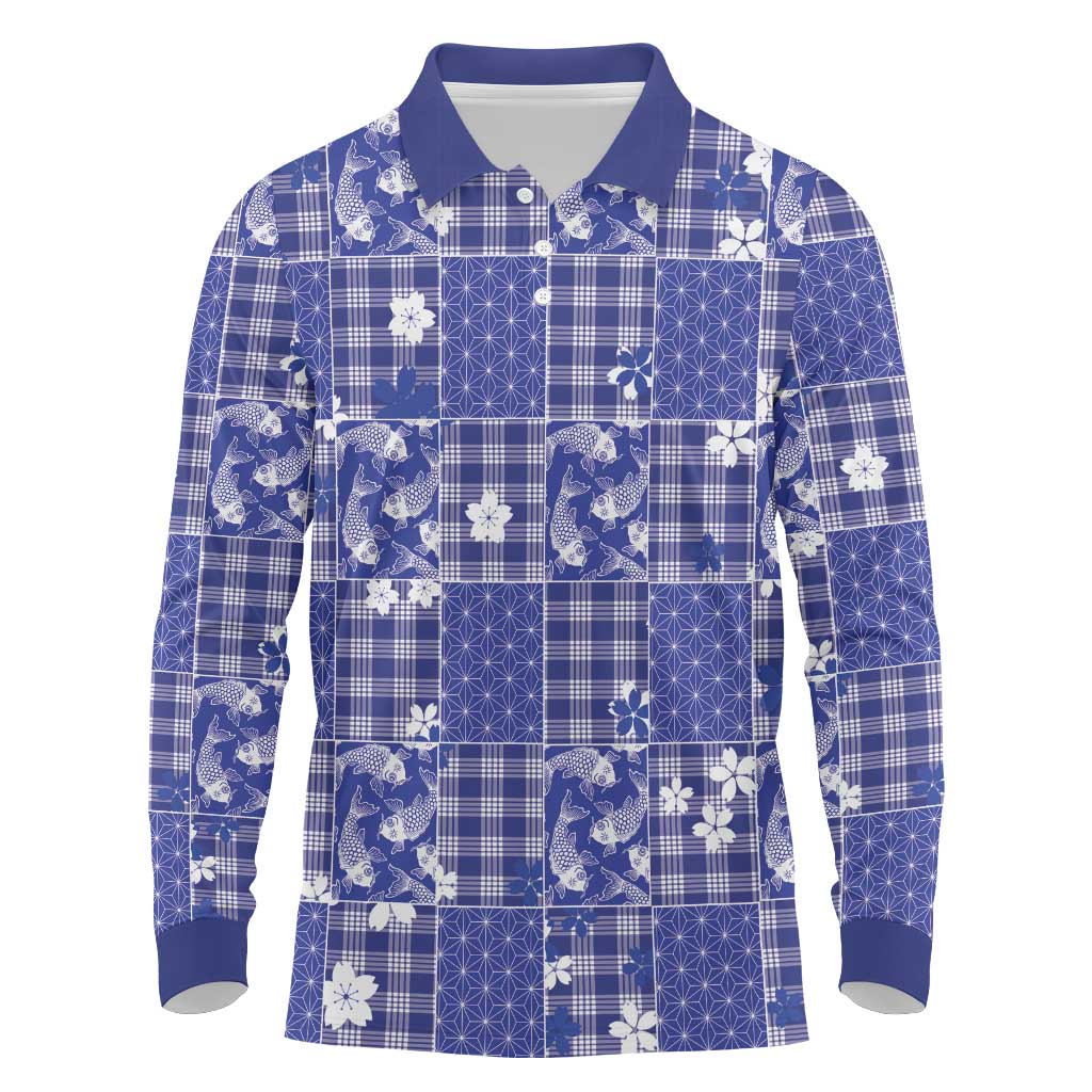 Blue Palaka Japanese Patterns Long Sleeve Polo Shirt Koi Fish Asanoha Sakura Patchwork Stylized LT14 Blue - Polynesian Pride