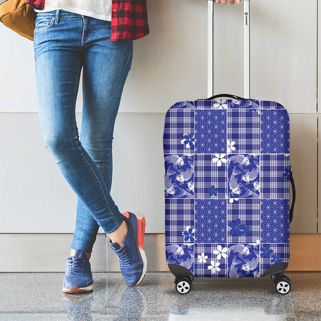 Blue Palaka Japanese Patterns Luggage Cover Koi Fish Asanoha Sakura Patchwork Stylized - Polynesian Pride