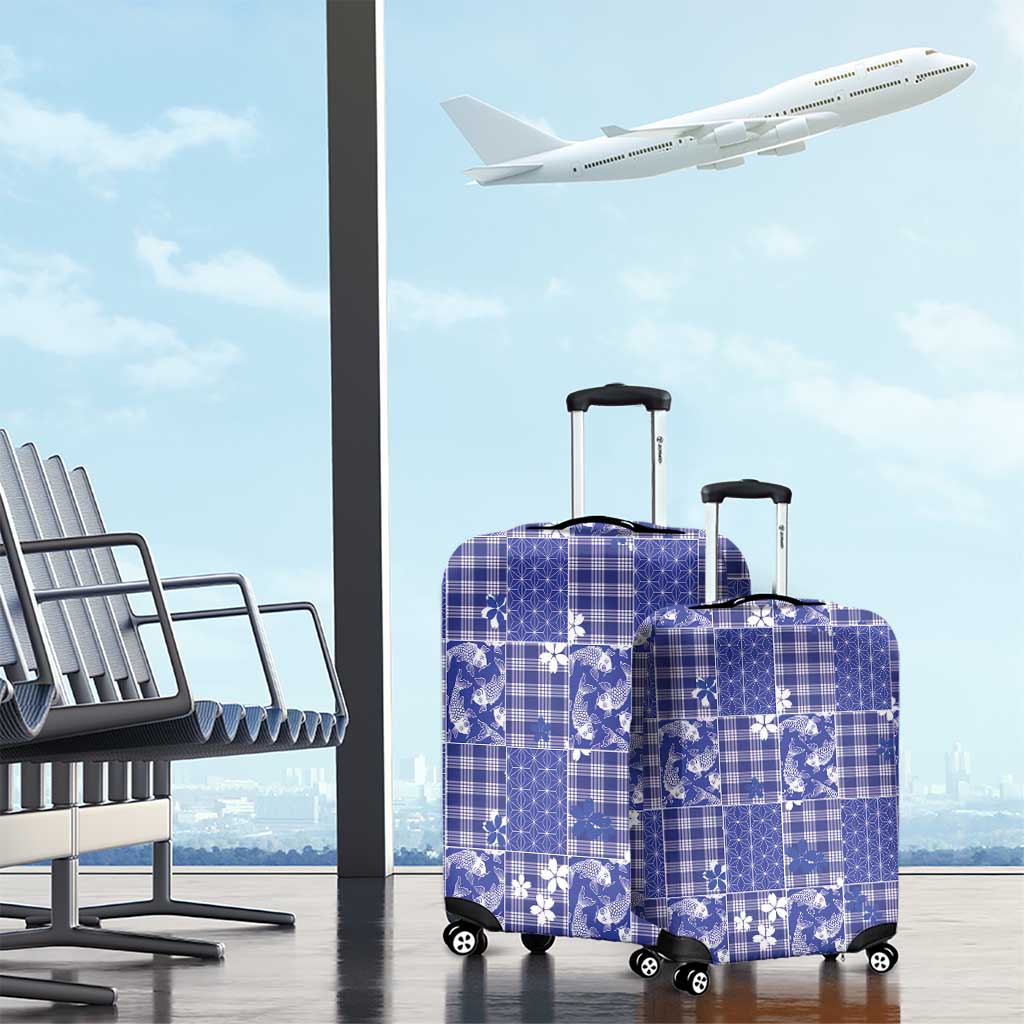 Blue Palaka Japanese Patterns Luggage Cover Koi Fish Asanoha Sakura Patchwork Stylized - Polynesian Pride