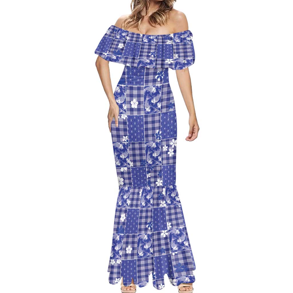 Blue Palaka Japanese Patterns Mermaid Dress Koi Fish Asanoha Sakura Patchwork Stylized - Polynesian Pride