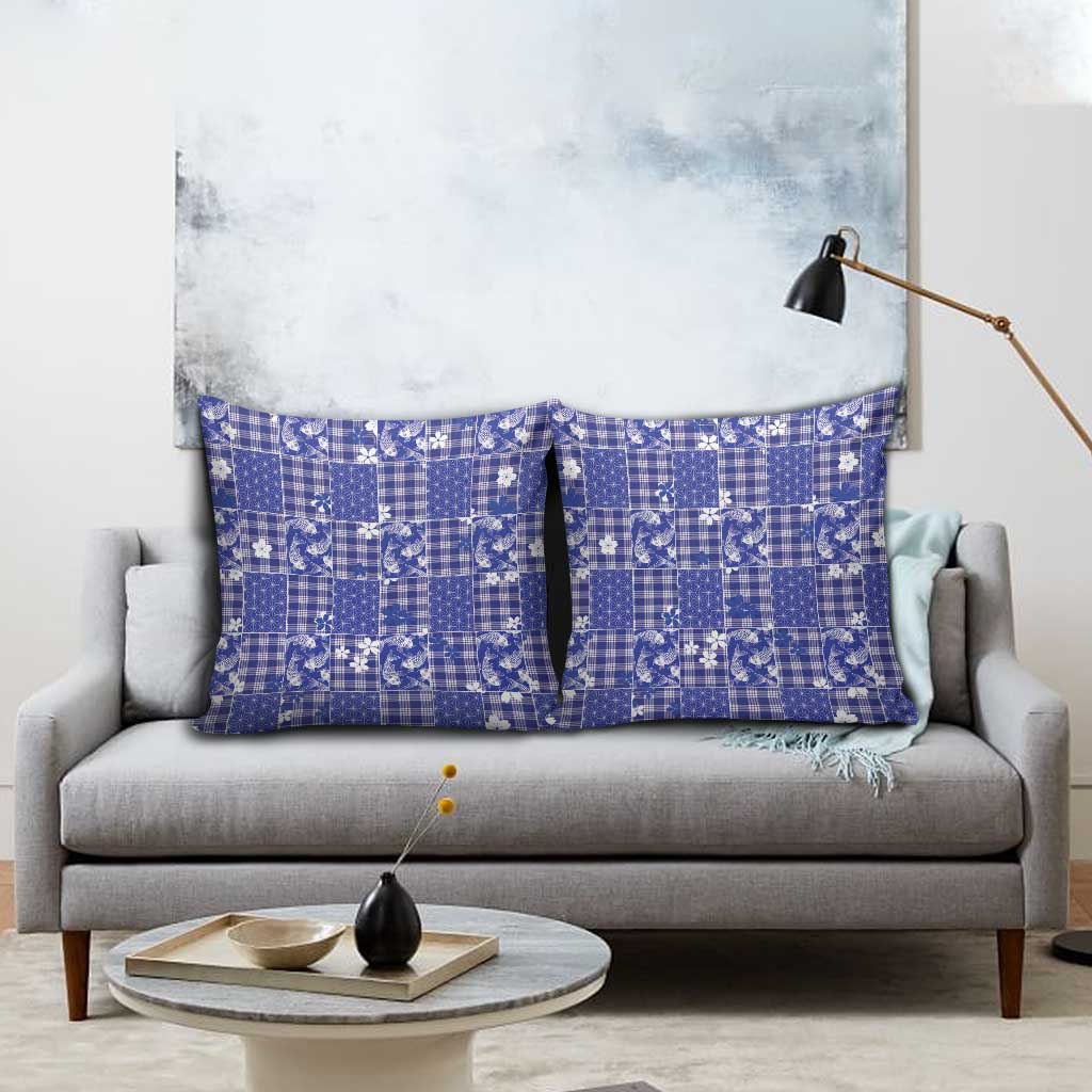 Blue Palaka Japanese Patterns Pillow Cover Koi Fish Asanoha Sakura Patchwork Stylized - Polynesian Pride