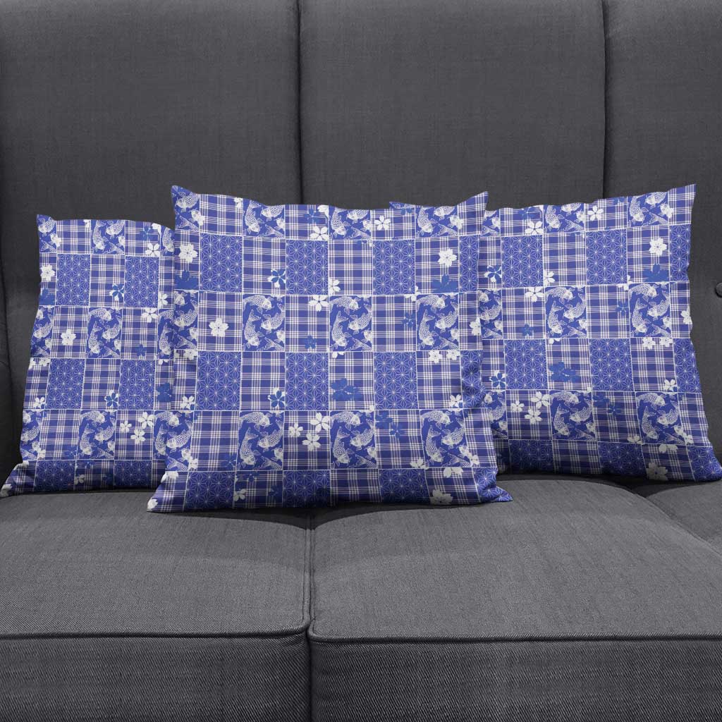 Blue Palaka Japanese Patterns Pillow Cover Koi Fish Asanoha Sakura Patchwork Stylized - Polynesian Pride