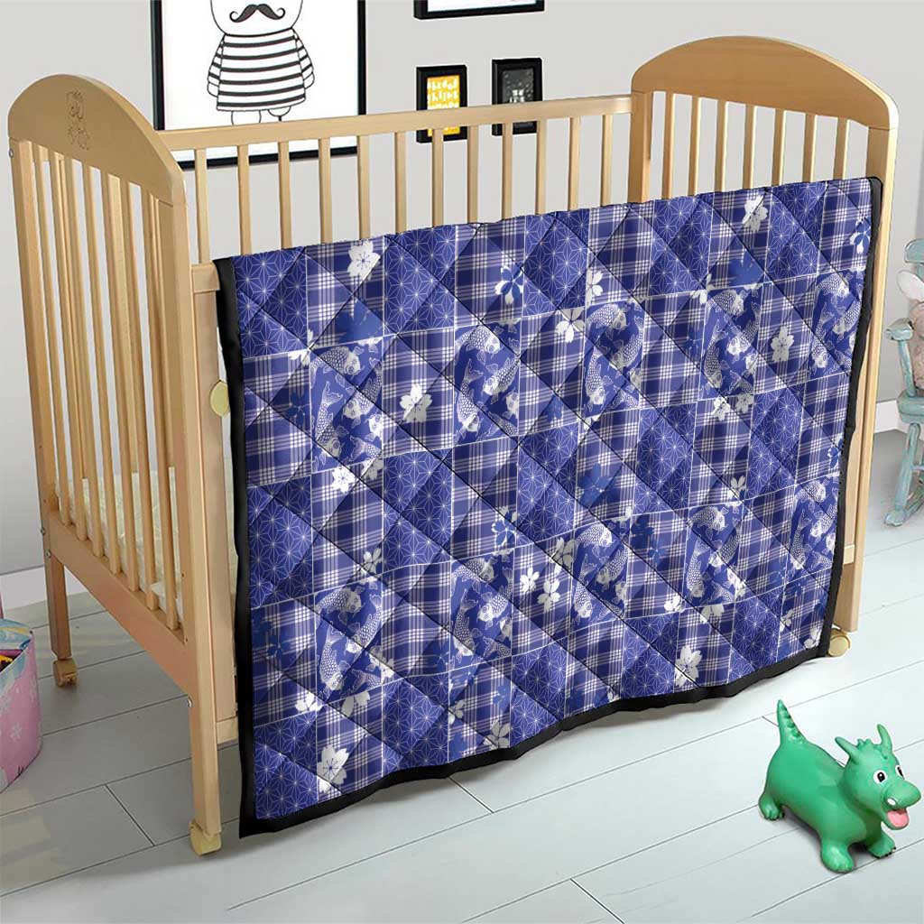 Blue Palaka Japanese Patterns Quilt Koi Fish Asanoha Sakura Patchwork Stylized - Polynesian Pride