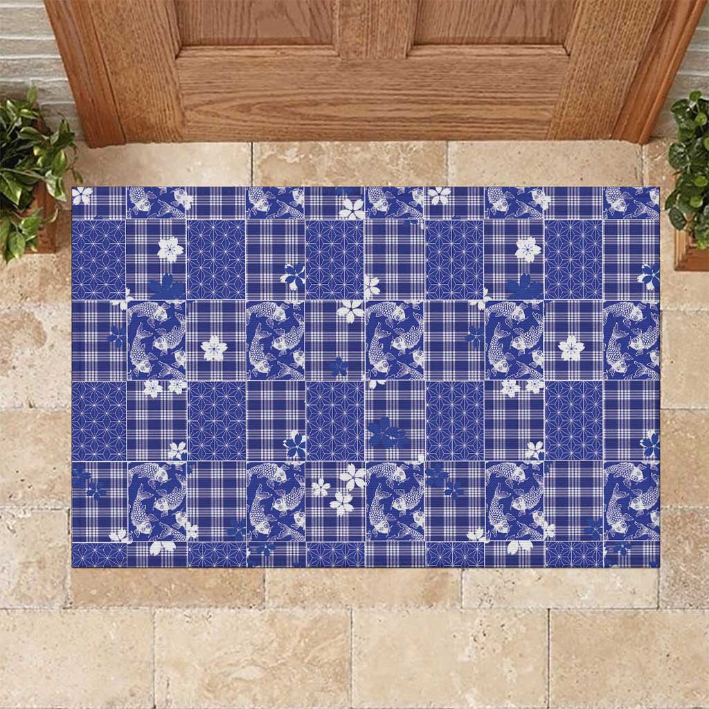 Blue Palaka Japanese Patterns Rubber Doormat Koi Fish Asanoha Sakura Patchwork Stylized LT14 Blue - Polynesian Pride