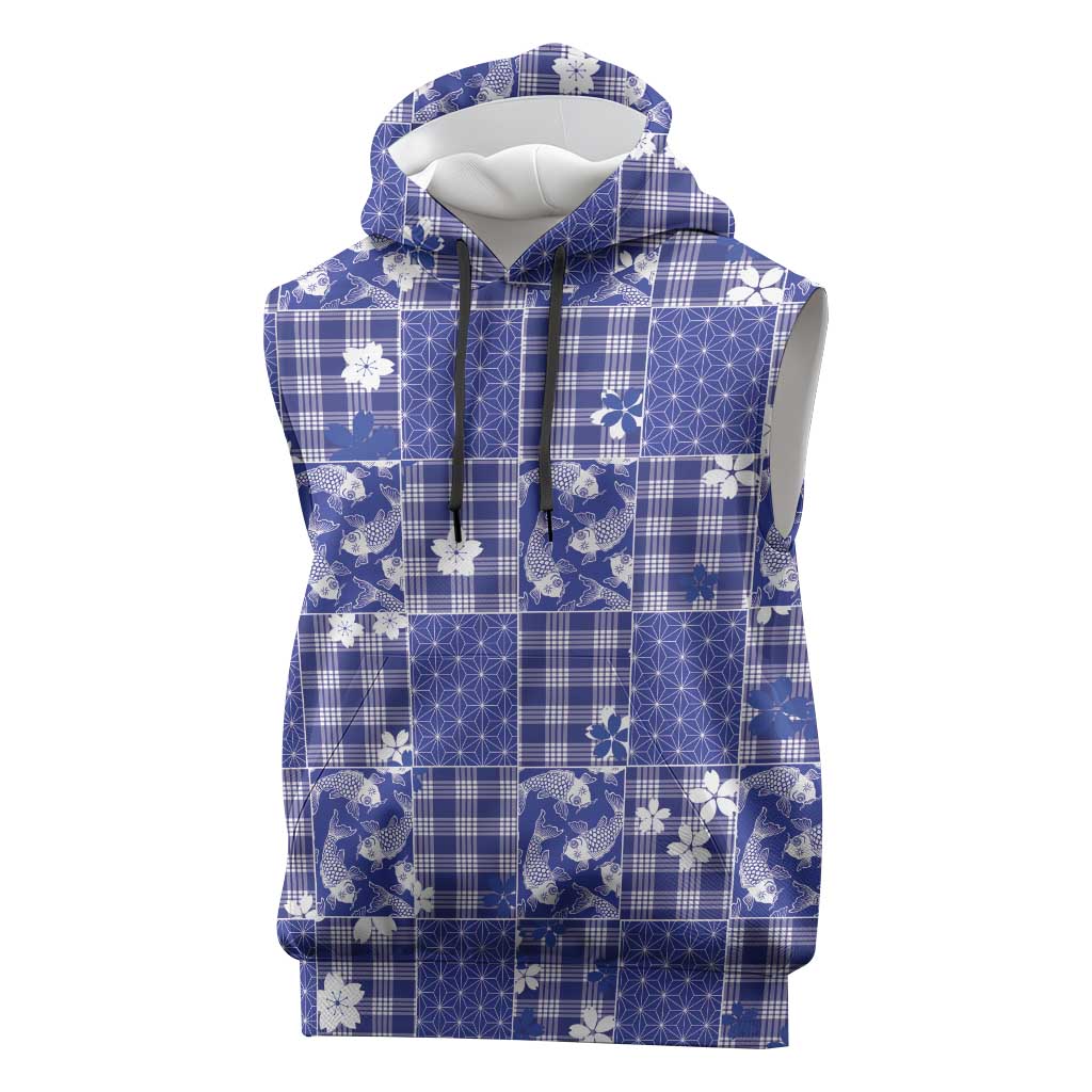 Blue Palaka Japanese Patterns Sleeveless Hoodie Koi Fish Asanoha Sakura Patchwork Stylized LT14 Blue - Polynesian Pride