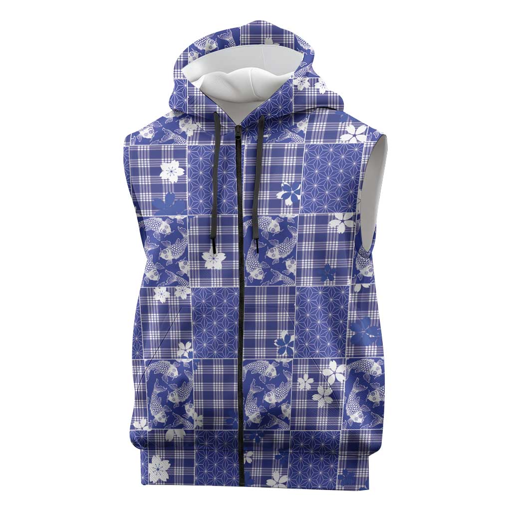 Blue Palaka Japanese Patterns Sleeveless Zip Hoodie Koi Fish Asanoha Sakura Patchwork Stylized LT14 Blue - Polynesian Pride