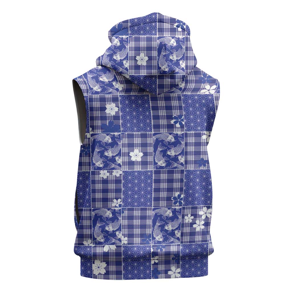 Blue Palaka Japanese Patterns Sleeveless Zip Hoodie Koi Fish Asanoha Sakura Patchwork Stylized LT14 - Polynesian Pride