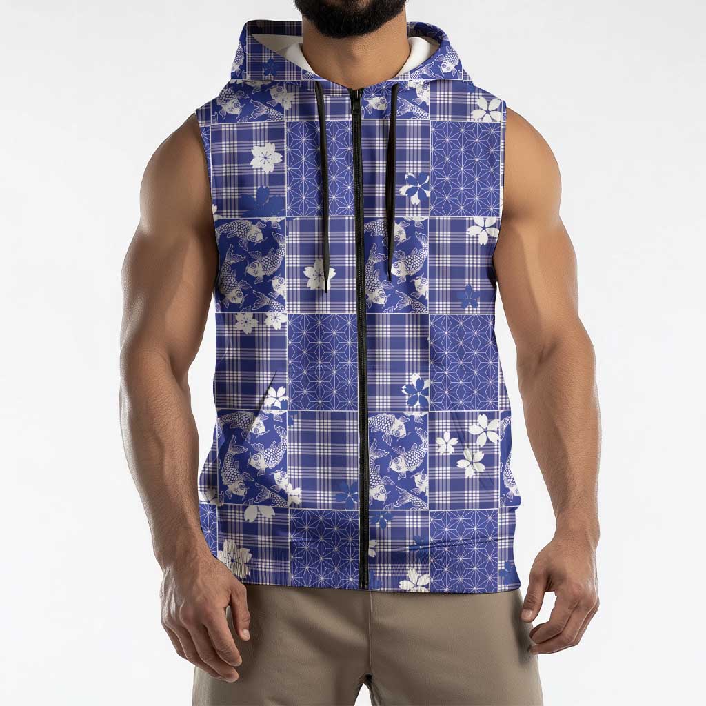 Blue Palaka Japanese Patterns Sleeveless Zip Hoodie Koi Fish Asanoha Sakura Patchwork Stylized LT14 - Polynesian Pride