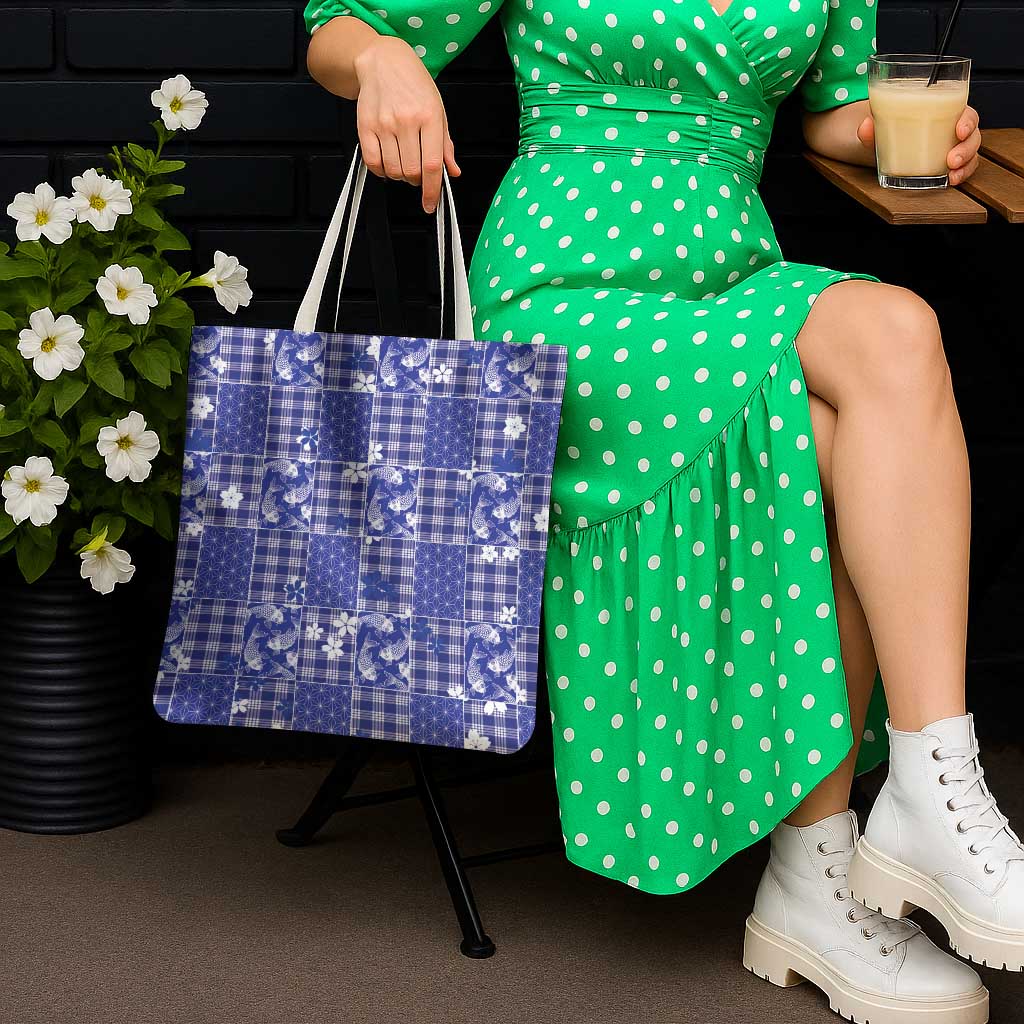 Blue Palaka Japanese Patterns Tote Bag Koi Fish Asanoha Sakura Patchwork Stylized - Polynesian Pride