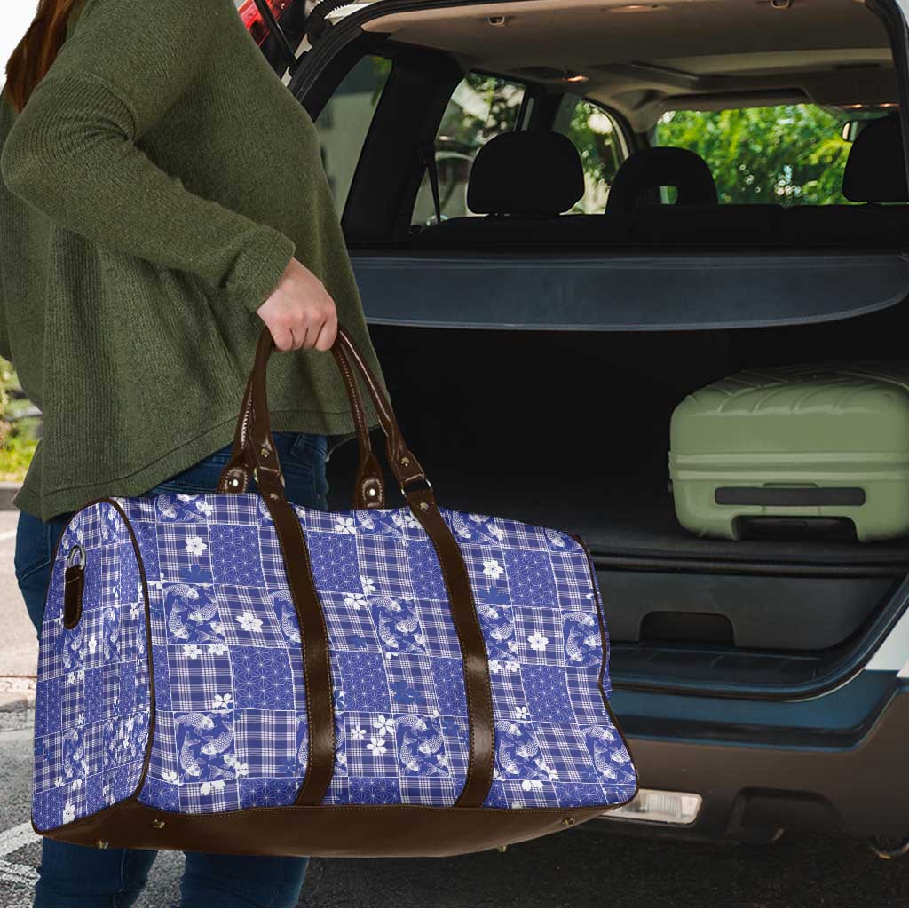 Blue Palaka Japanese Patterns Travel Bag Koi Fish Asanoha Sakura Patchwork Stylized - Polynesian Pride