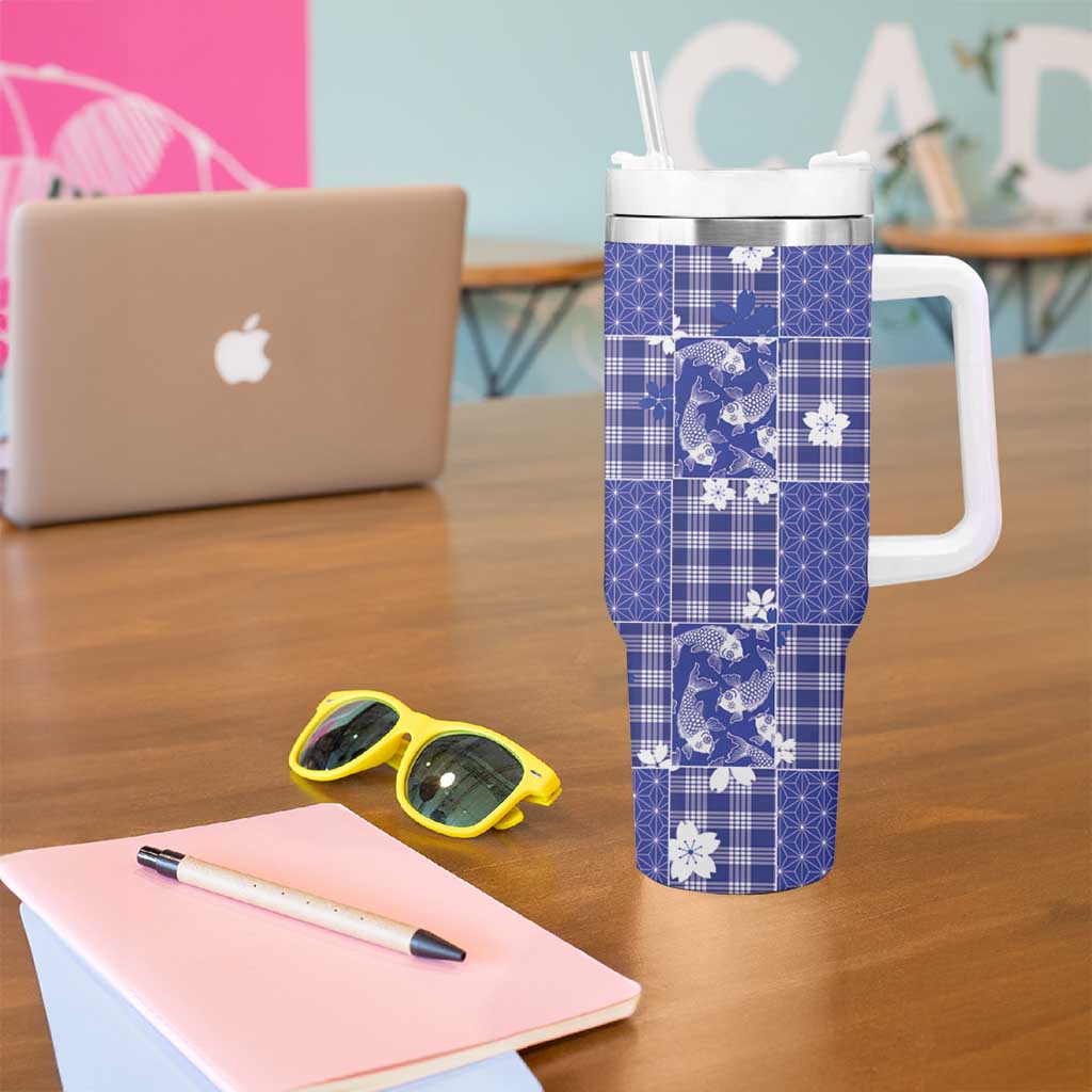 Blue Palaka Japanese Patterns Tumbler With Handle Koi Fish Asanoha Sakura Patchwork Stylized - Polynesian Pride