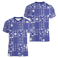 Blue Palaka Japanese Patterns Women V-Neck T-Shirt Koi Fish Asanoha Sakura Patchwork Stylized - Polynesian Pride