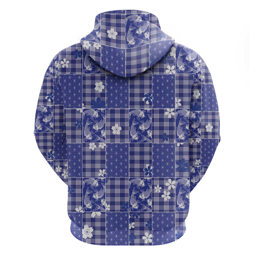 Blue Palaka Japanese Patterns Zip Hoodie Koi Fish Asanoha Sakura Patchwork Stylized - Polynesian Pride