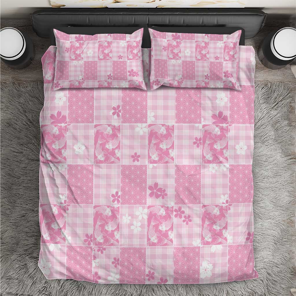 Pink Palaka Japanese Patterns Bedding Set Koi Fish Asanoha Sakura Patchwork Stylized - Polynesian Pride