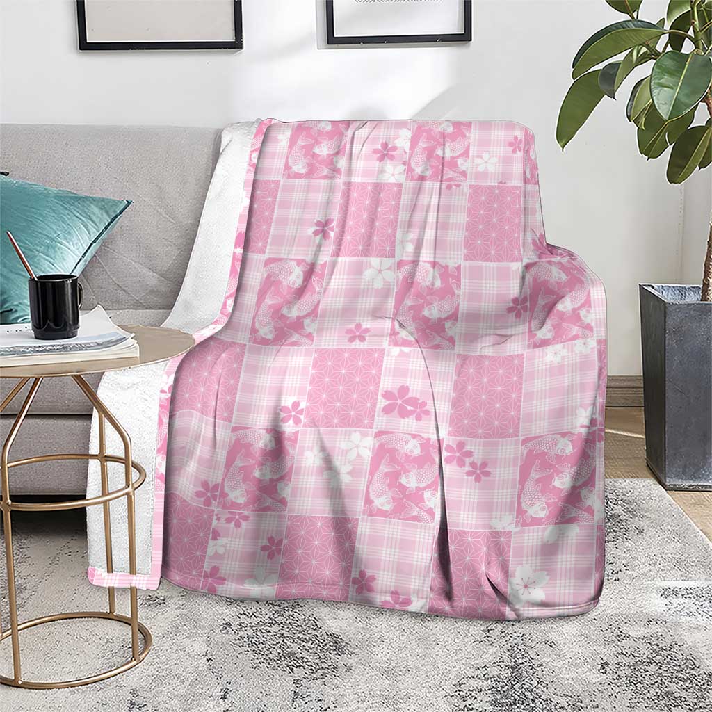 Pink Palaka Japanese Patterns Blanket Koi Fish Asanoha Sakura Patchwork Stylized - Polynesian Pride