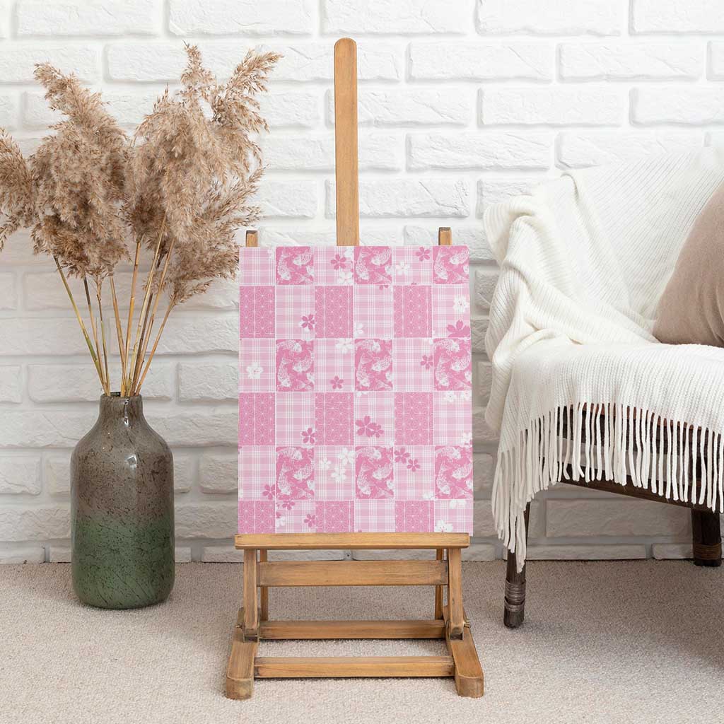 Pink Palaka Japanese Patterns Canvas Wall Art Koi Fish Asanoha Sakura Patchwork Stylized - Polynesian Pride