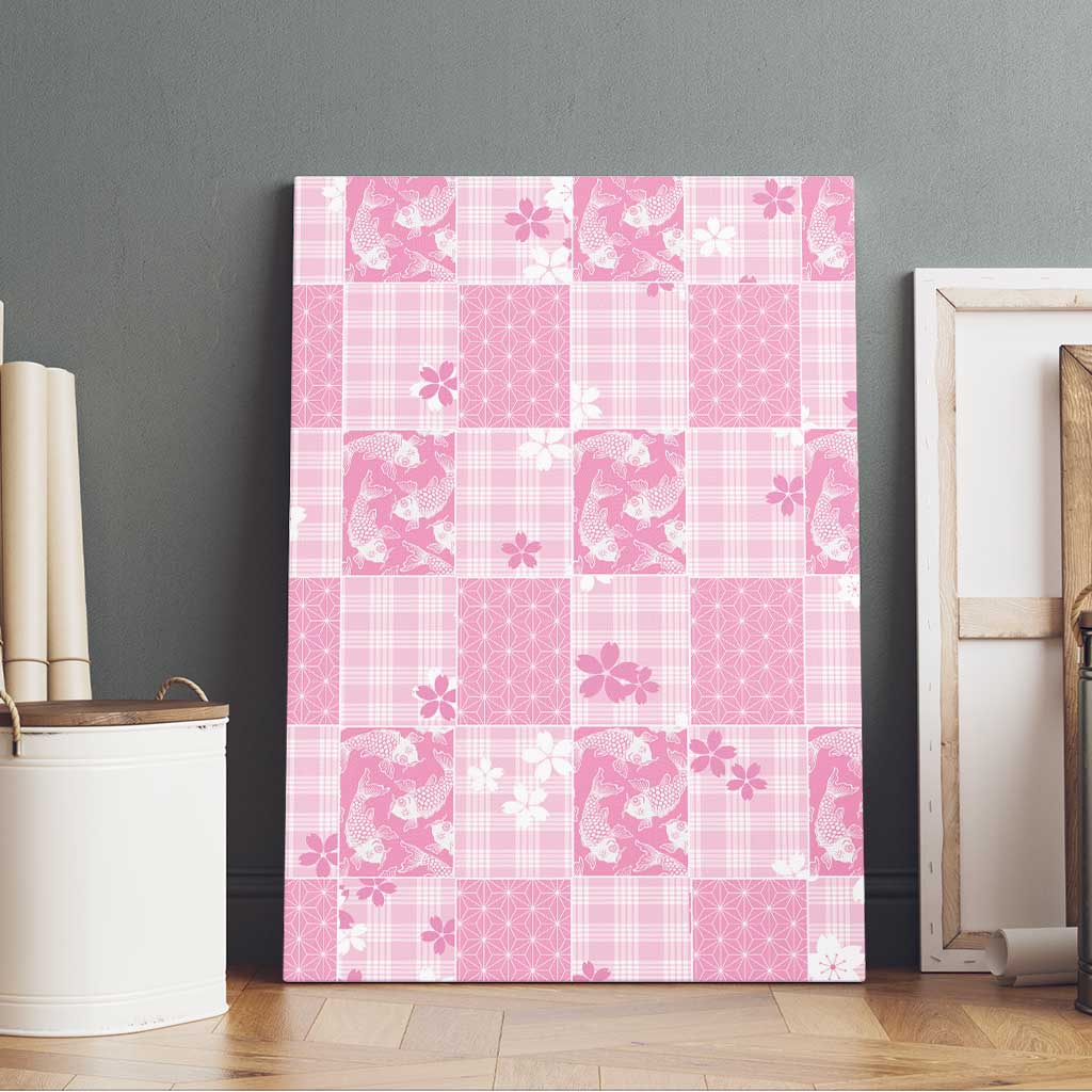 Pink Palaka Japanese Patterns Canvas Wall Art Koi Fish Asanoha Sakura Patchwork Stylized - Polynesian Pride