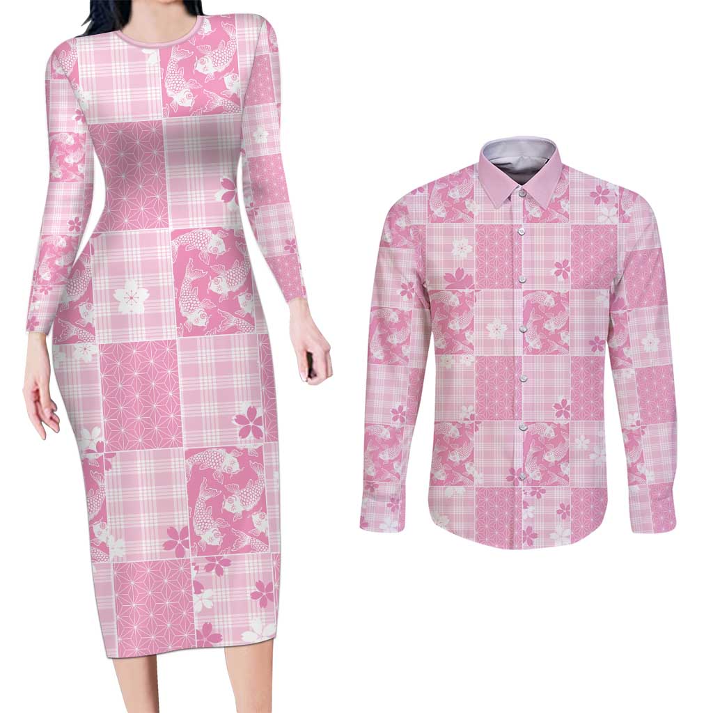Pink Palaka Japanese Patterns Couples Matching Long Sleeve Bodycon Dress and Long Sleeve Button Shirt Koi Fish Asanoha Sakura Patchwork Stylized LT14 Pink - Polynesian Pride