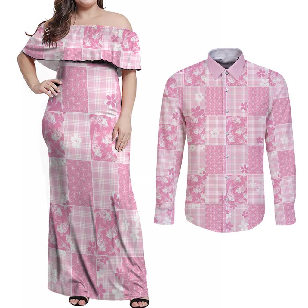 Pink Palaka Japanese Patterns Couples Matching Off Shoulder Maxi Dress and Long Sleeve Button Shirt Koi Fish Asanoha Sakura Patchwork Stylized LT14 Pink - Polynesian Pride