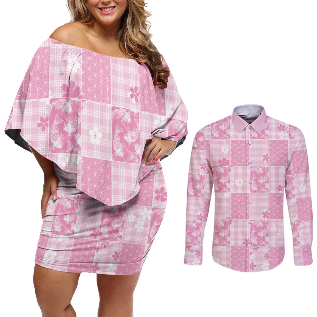 Pink Palaka Japanese Patterns Couples Matching Off Shoulder Short Dress and Long Sleeve Button Shirt Koi Fish Asanoha Sakura Patchwork Stylized LT14 Pink - Polynesian Pride