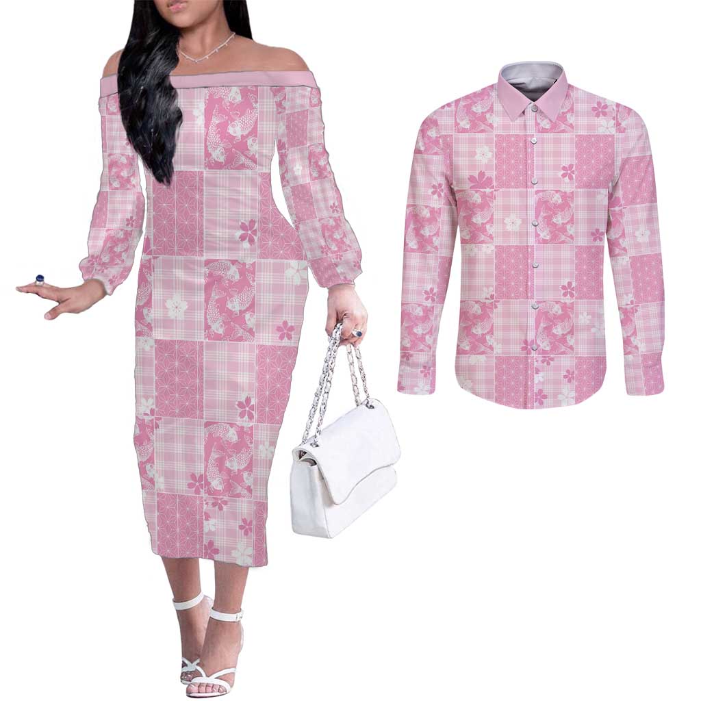 Pink Palaka Japanese Patterns Couples Matching Off The Shoulder Long Sleeve Dress and Long Sleeve Button Shirt Koi Fish Asanoha Sakura Patchwork Stylized LT14 Pink - Polynesian Pride