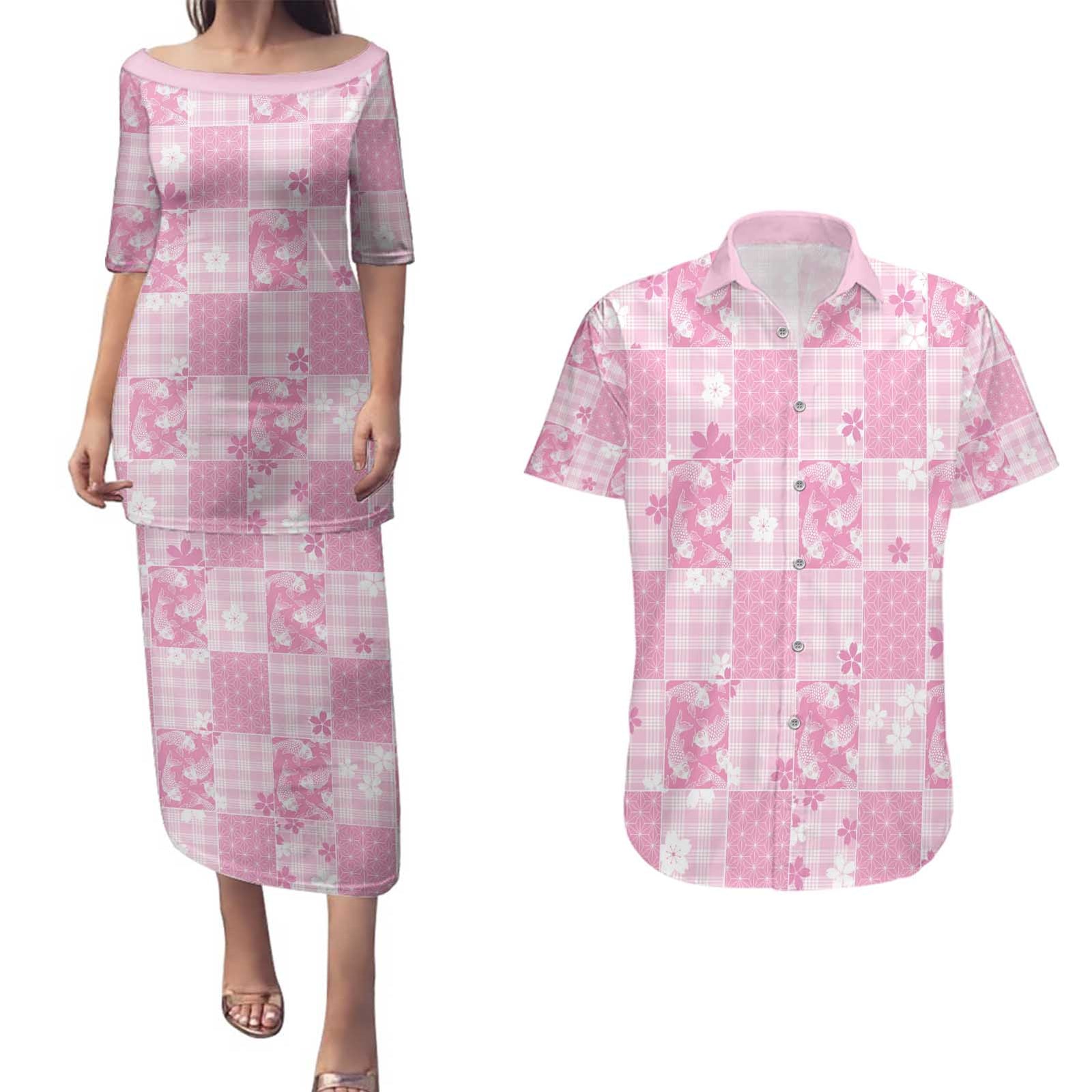 Pink Palaka Japanese Patterns Couples Matching Puletasi and Hawaiian Shirt Koi Fish Asanoha Sakura Patchwork Stylized - Polynesian Pride