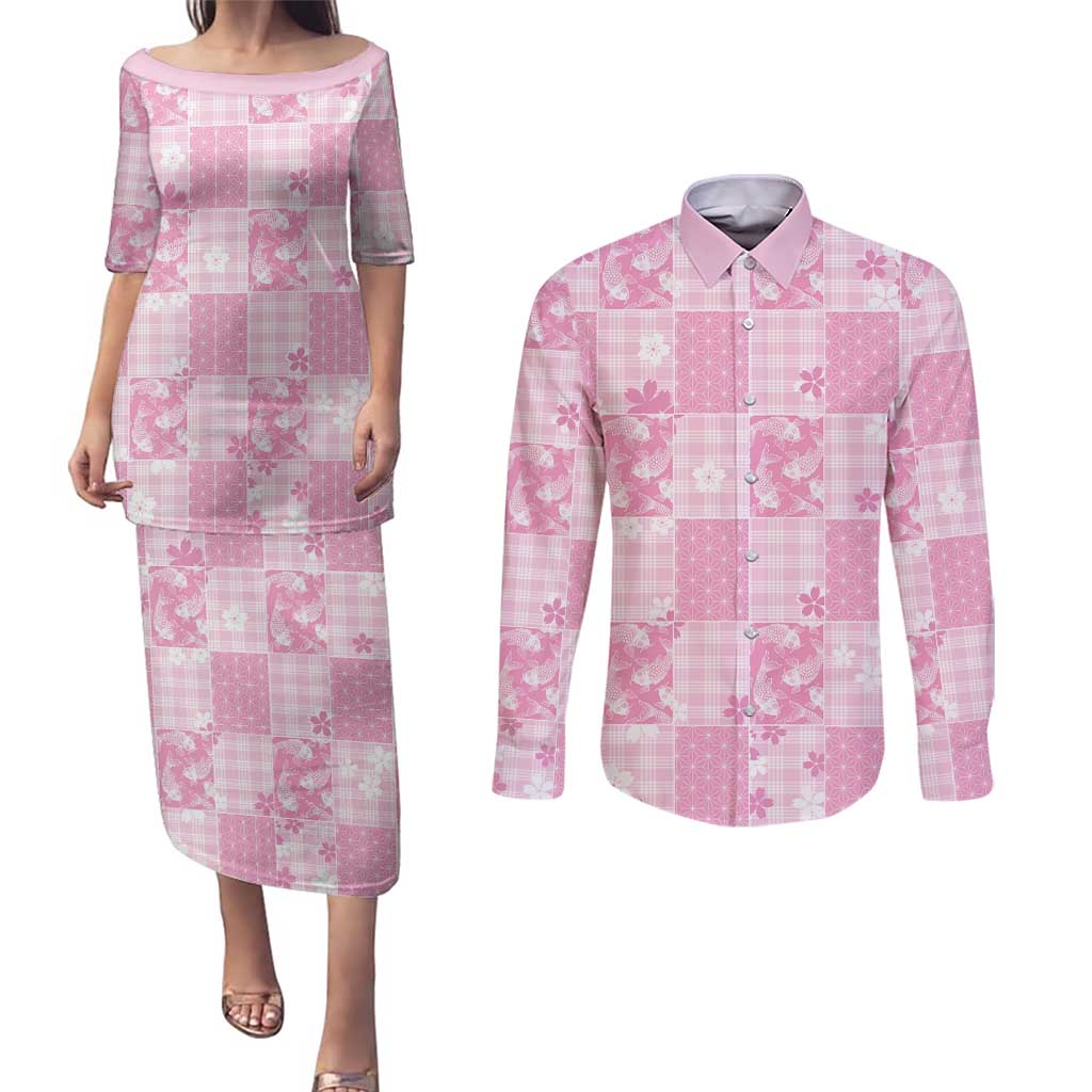Pink Palaka Japanese Patterns Couples Matching Puletasi and Long Sleeve Button Shirt Koi Fish Asanoha Sakura Patchwork Stylized LT14 Pink - Polynesian Pride