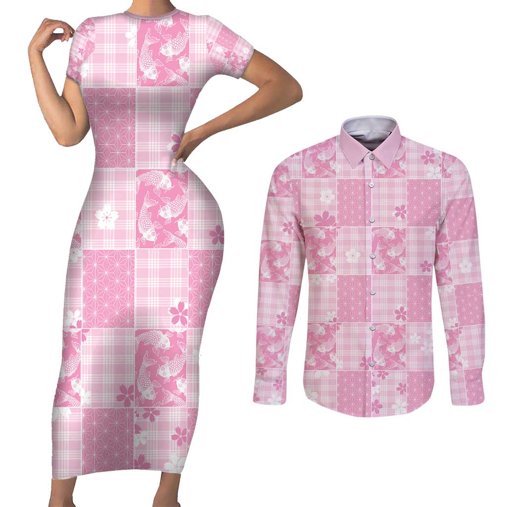 Pink Palaka Japanese Patterns Couples Matching Short Sleeve Bodycon Dress and Long Sleeve Button Shirt Koi Fish Asanoha Sakura Patchwork Stylized LT14 Pink - Polynesian Pride