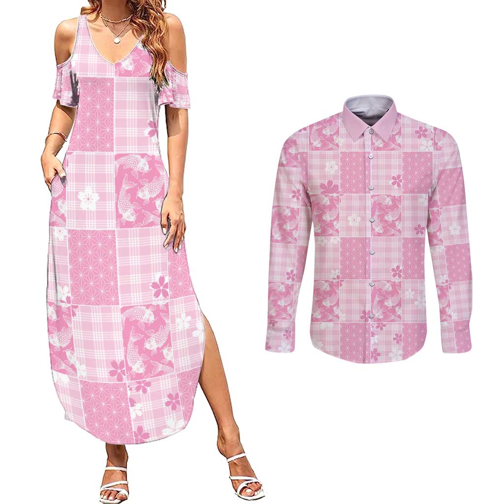 Pink Palaka Japanese Patterns Couples Matching Summer Maxi Dress and Long Sleeve Button Shirt Koi Fish Asanoha Sakura Patchwork Stylized LT14 Pink - Polynesian Pride