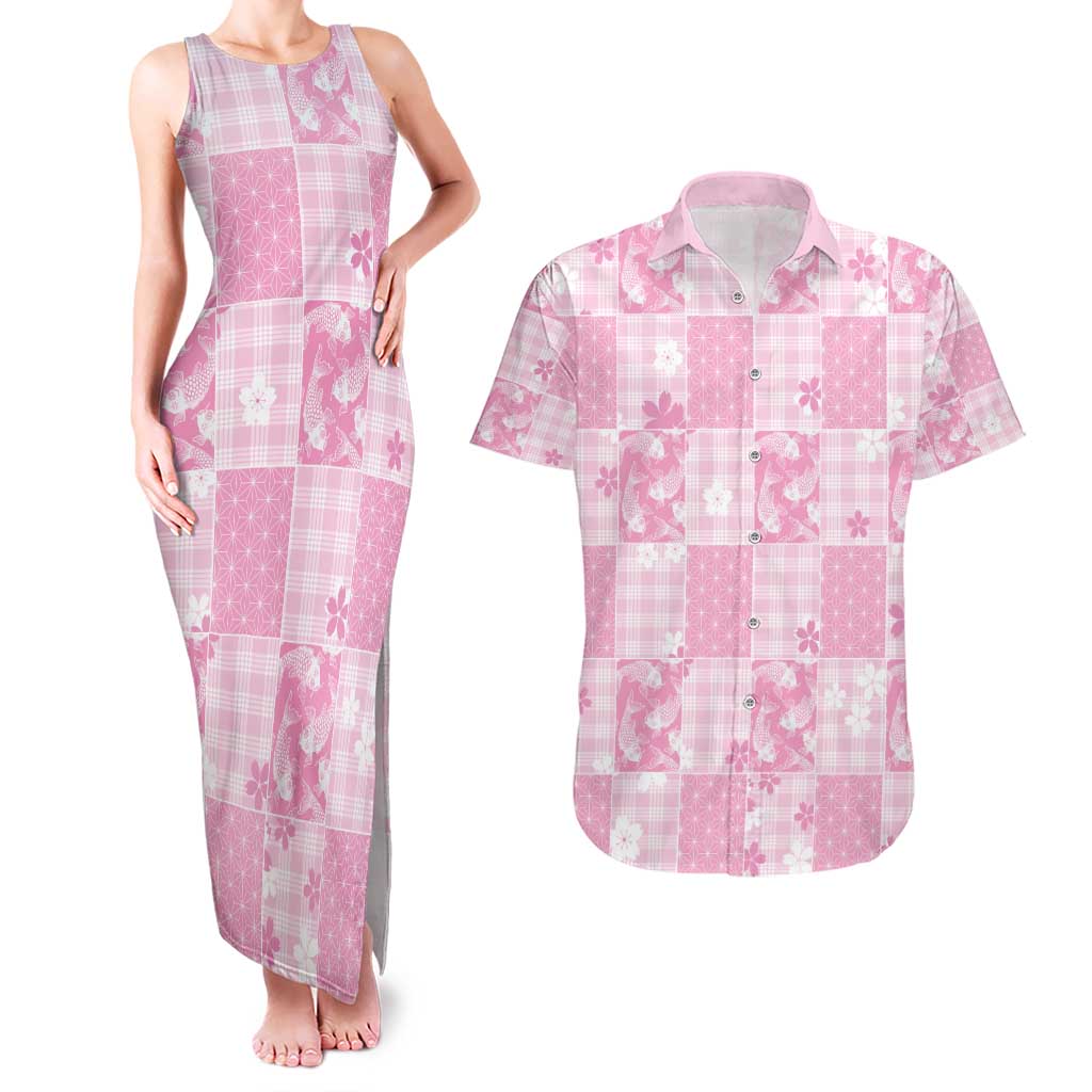 Pink Palaka Japanese Patterns Couples Matching Tank Maxi Dress and Hawaiian Shirt Koi Fish Asanoha Sakura Patchwork Stylized LT14 Pink - Polynesian Pride