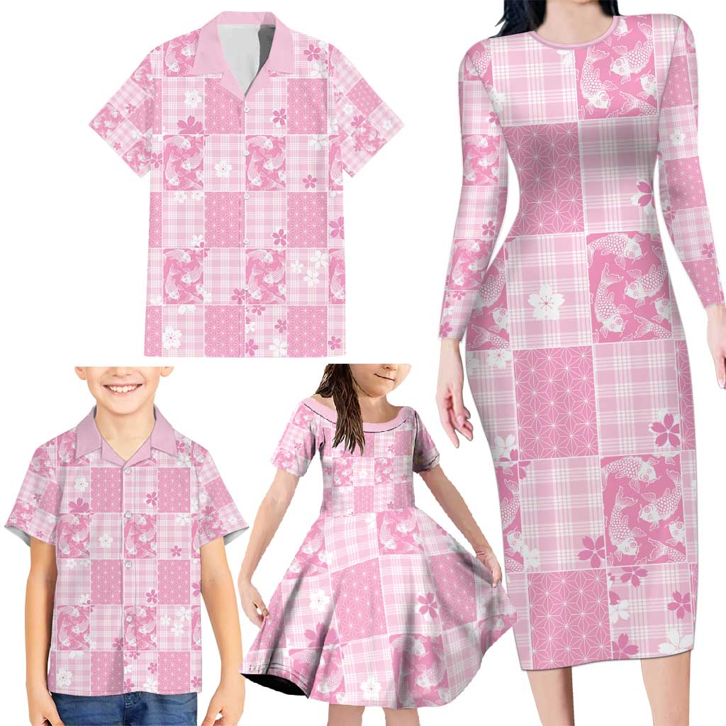 Pink Palaka Japanese Patterns Family Matching Long Sleeve Bodycon Dress and Hawaiian Shirt Koi Fish Asanoha Sakura Patchwork Stylized LT14 - Polynesian Pride