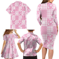 Pink Palaka Japanese Patterns Family Matching Long Sleeve Bodycon Dress and Hawaiian Shirt Koi Fish Asanoha Sakura Patchwork Stylized LT14 - Polynesian Pride