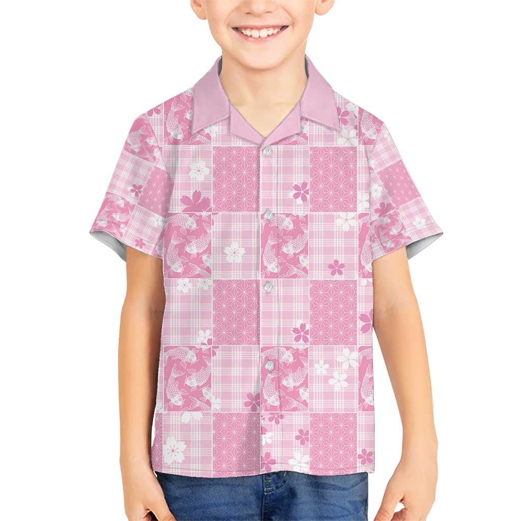 Pink Palaka Japanese Patterns Family Matching Long Sleeve Bodycon Dress and Hawaiian Shirt Koi Fish Asanoha Sakura Patchwork Stylized LT14 Son's Shirt Pink - Polynesian Pride