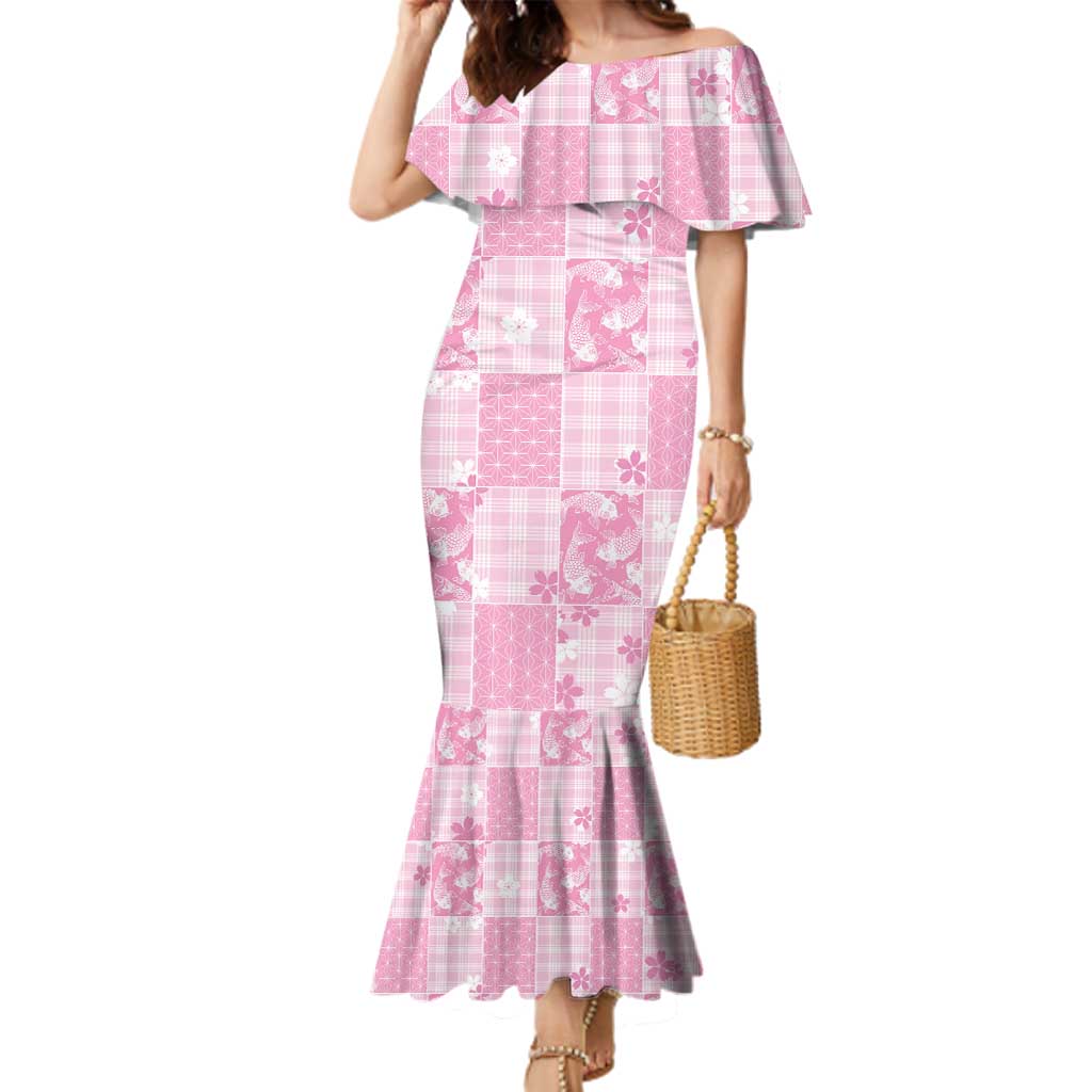 Pink Palaka Japanese Patterns Family Matching Mermaid Dress and Hawaiian Shirt Koi Fish Asanoha Sakura Patchwork Stylized - Polynesian Pride