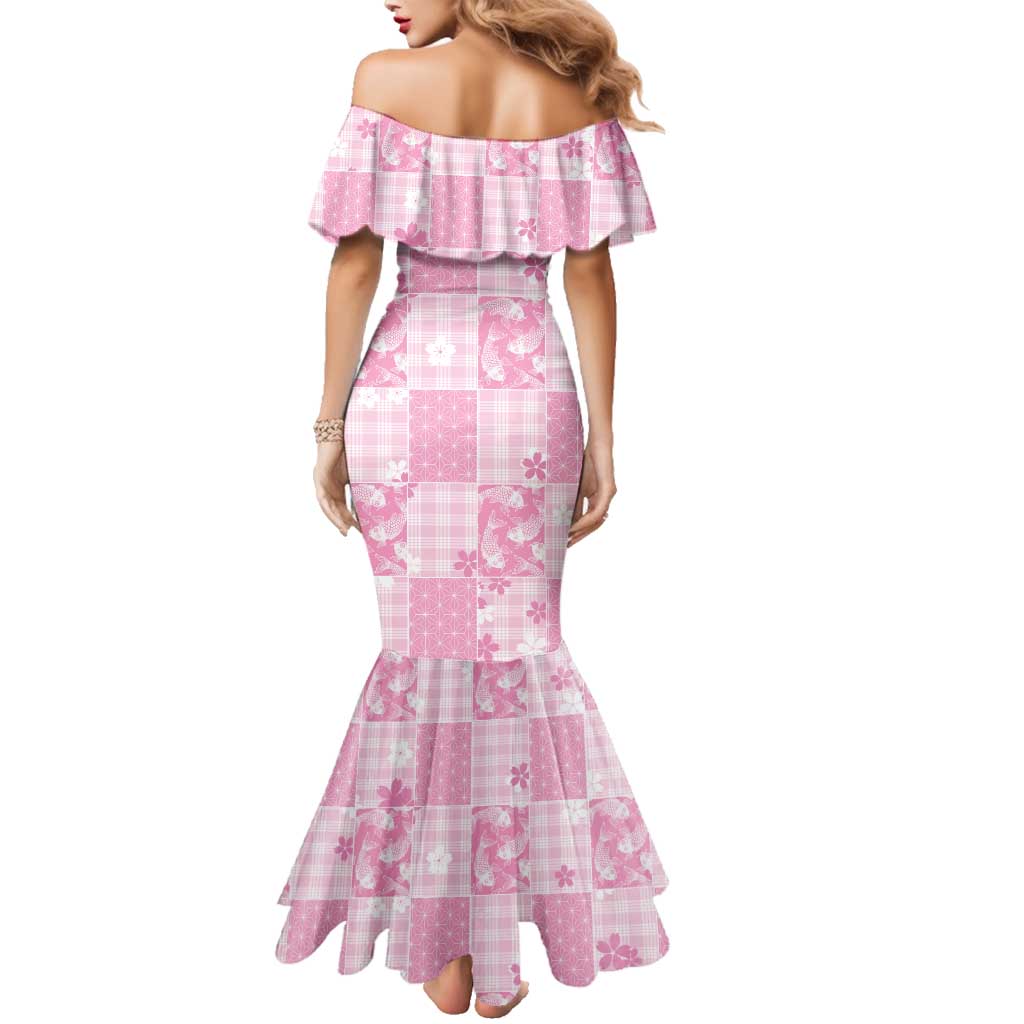 Pink Palaka Japanese Patterns Family Matching Mermaid Dress and Hawaiian Shirt Koi Fish Asanoha Sakura Patchwork Stylized - Polynesian Pride