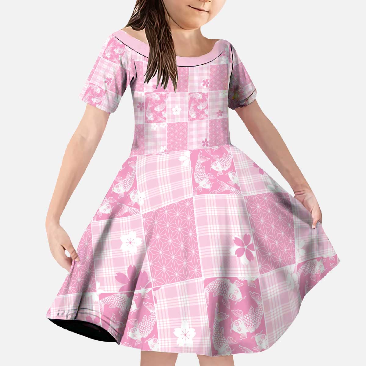 Pink Palaka Japanese Patterns Family Matching Off The Shoulder Long Sleeve Dress and Hawaiian Shirt Koi Fish Asanoha Sakura Patchwork Stylized LT14 Daughter's Dress Pink - Polynesian Pride