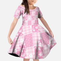 Pink Palaka Japanese Patterns Family Matching Off The Shoulder Long Sleeve Dress and Hawaiian Shirt Koi Fish Asanoha Sakura Patchwork Stylized LT14 Daughter's Dress Pink - Polynesian Pride