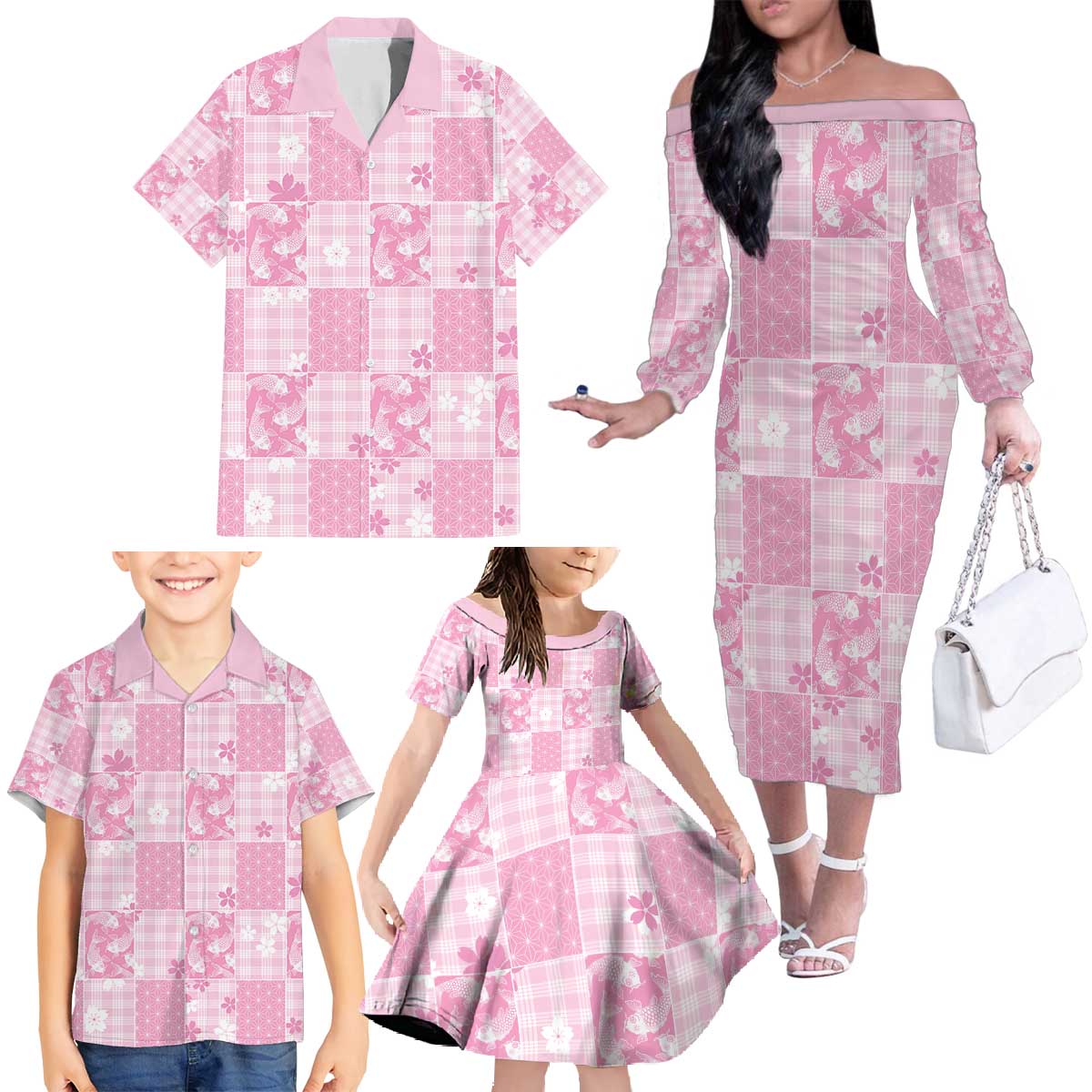 Pink Palaka Japanese Patterns Family Matching Off The Shoulder Long Sleeve Dress and Hawaiian Shirt Koi Fish Asanoha Sakura Patchwork Stylized LT14 - Polynesian Pride