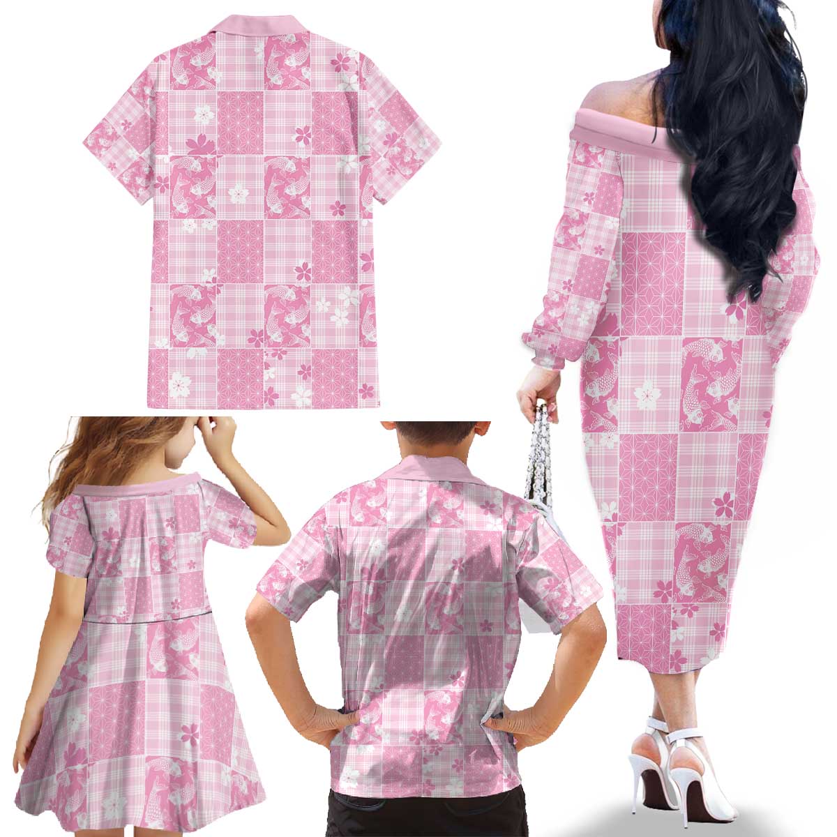 Pink Palaka Japanese Patterns Family Matching Off The Shoulder Long Sleeve Dress and Hawaiian Shirt Koi Fish Asanoha Sakura Patchwork Stylized LT14 - Polynesian Pride