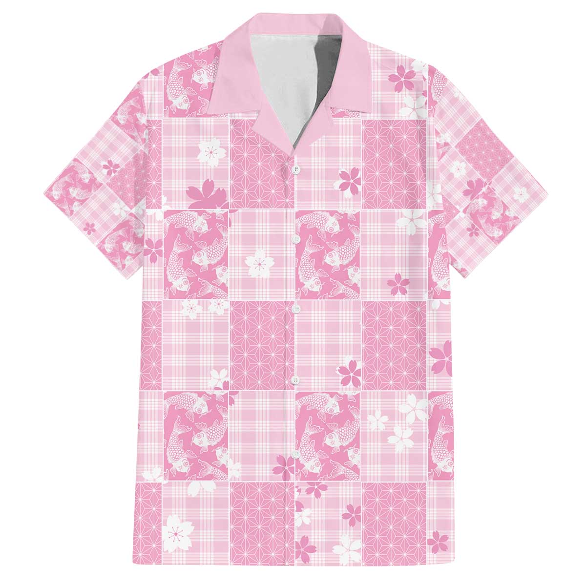 Pink Palaka Japanese Patterns Family Matching Off The Shoulder Long Sleeve Dress and Hawaiian Shirt Koi Fish Asanoha Sakura Patchwork Stylized LT14 Dad's Shirt - Short Sleeve Pink - Polynesian Pride