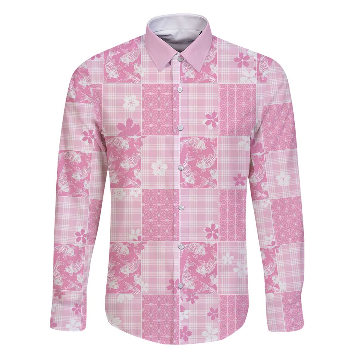 Pink Palaka Japanese Patterns Family Matching Off The Shoulder Long Sleeve Dress and Hawaiian Shirt Koi Fish Asanoha Sakura Patchwork Stylized LT14 Dad's Shirt - Long Sleeve Pink - Polynesian Pride