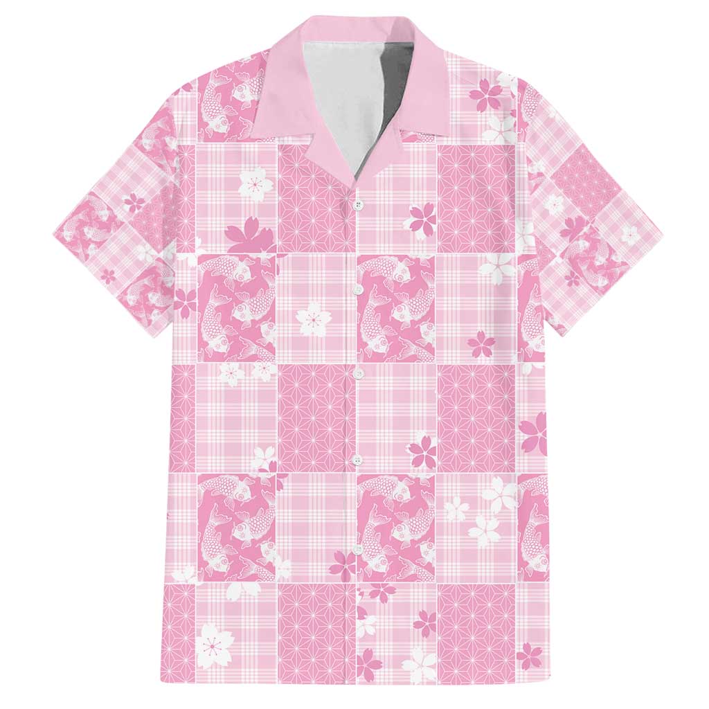 Pink Palaka Japanese Patterns Family Matching Off Shoulder Maxi Dress and Hawaiian Shirt Koi Fish Asanoha Sakura Patchwork Stylized - Polynesian Pride