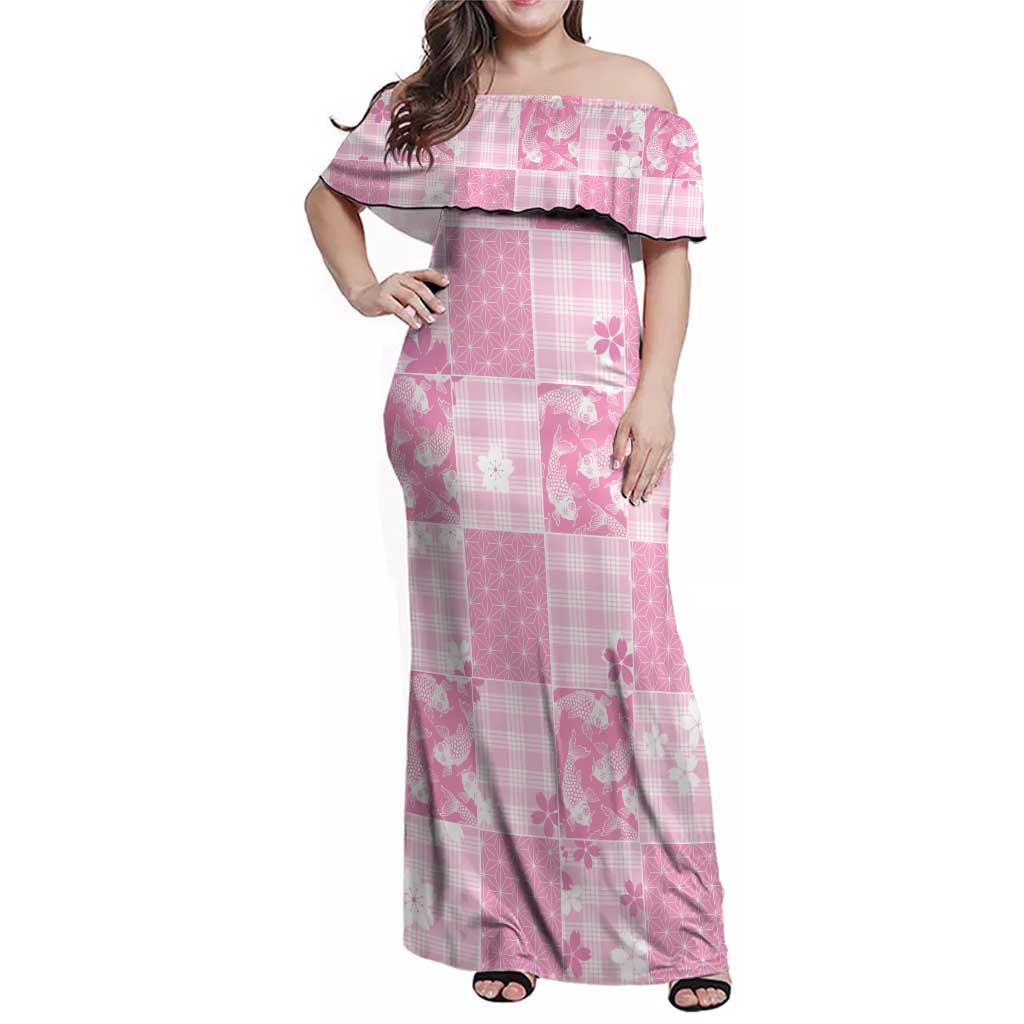 Pink Palaka Japanese Patterns Family Matching Off Shoulder Maxi Dress and Hawaiian Shirt Koi Fish Asanoha Sakura Patchwork Stylized - Polynesian Pride